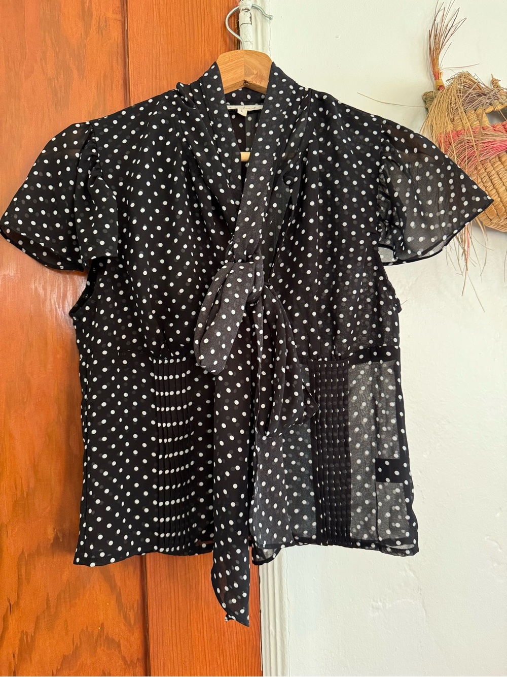 Etcetera Black and White Polka Dot Tie-Neck Blouse
